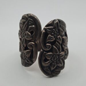 Vintage Taxco Mexican Wide Floral Silver Hinged Cuff Bracelet